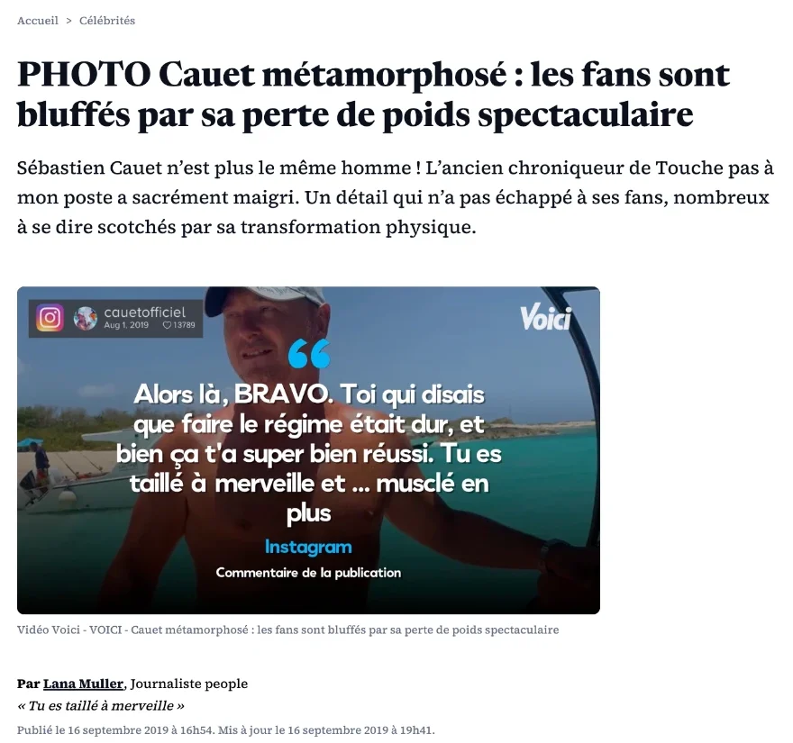Capture de l'article Voici : « Cauet métamorphosé : les fans sont bluffés par sa perte de poids spectaculaire »