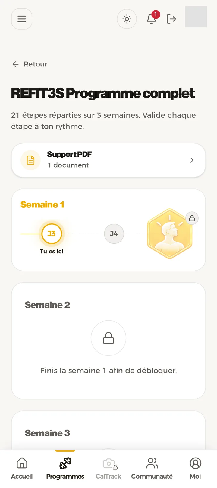 Écran REFIT : semaines et badges du programme 3S