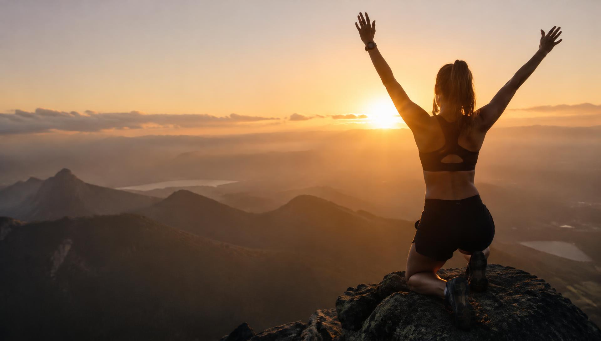 Sportive bras levés face au soleil couchant au sommet d'une montagne